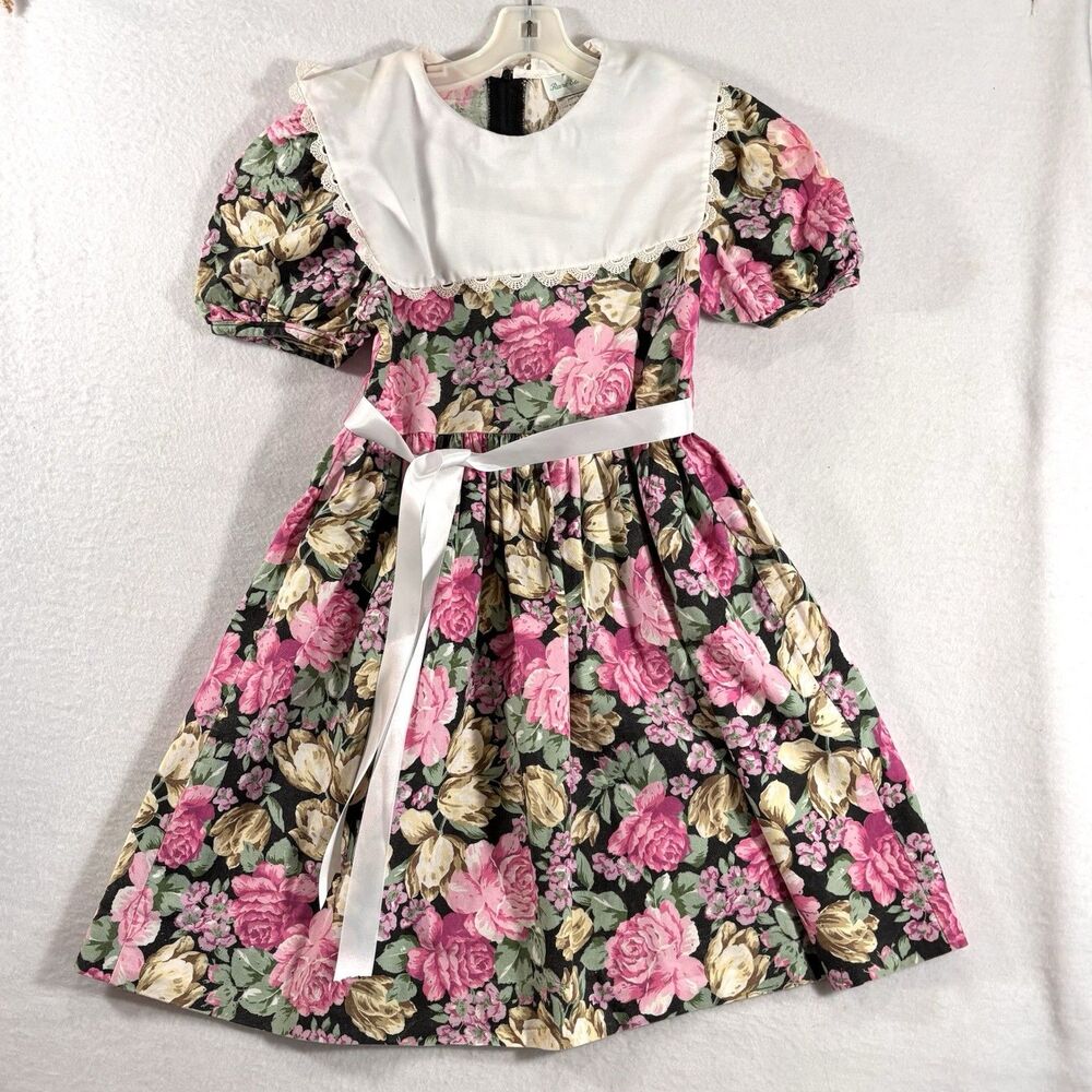Vintage RARE EDITIONS Girls 7 Dress Pink Floral On Black With Big Square Collar